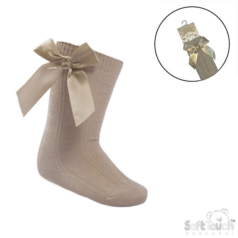 Beige  Childrens 'Adorable' Knee Length Socks w/Satin Bow : S151-BE