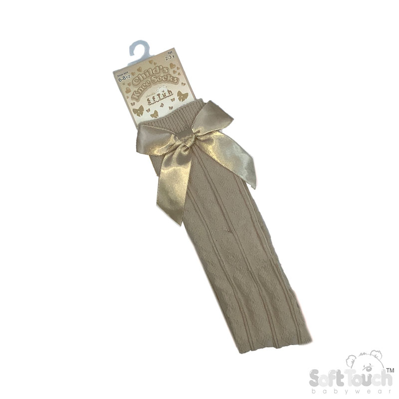 Beige  Childrens 'Adorable' Knee Length Socks w/Satin Bow : S151-BE