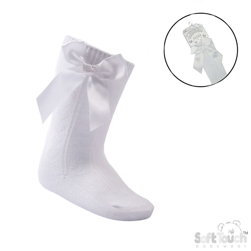 White Childrens 'Adorable' Knee Length Socks w/Satin Bow : S151-W