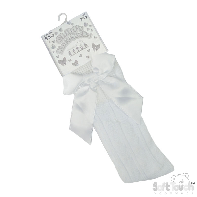 White Childrens 'Adorable' Knee Length Socks w/Satin Bow : S151-W