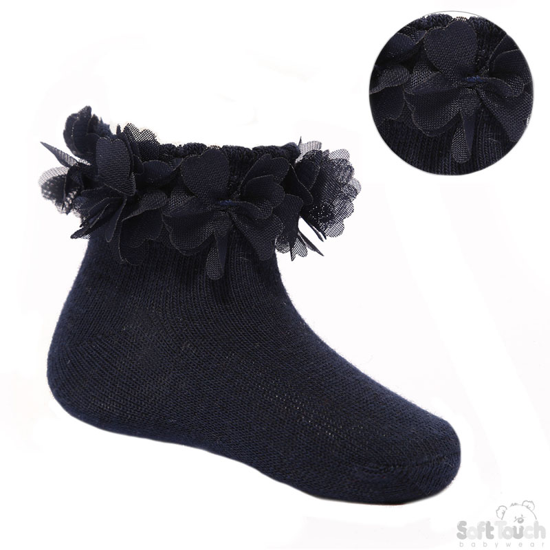 Navy Ankle Socks W/Navy Flowers No. S320-N