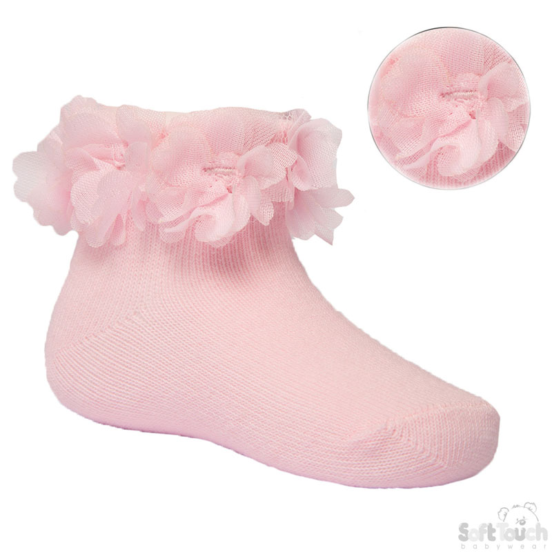 Pink Ankle Socks W/pink Flowers No. S320-P