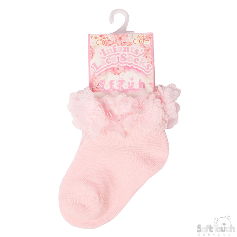 Pink Ankle Socks W/pink Flowers No. S320-P