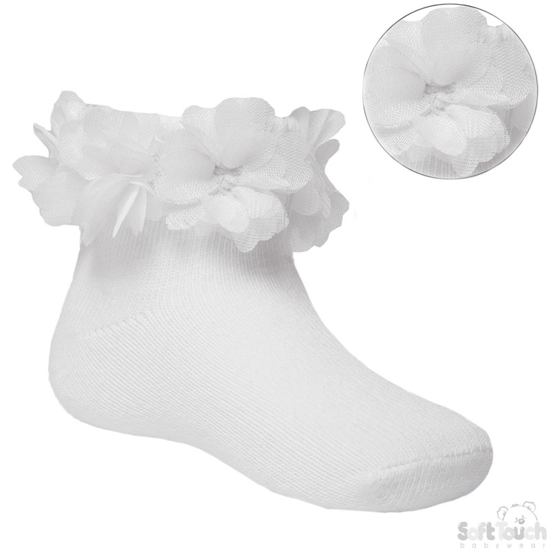 White Ankle Socks W/White Flowers No. S320-W