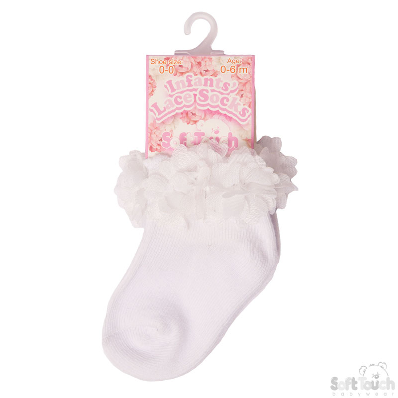 White Ankle Socks W/White Flowers No. S320-W