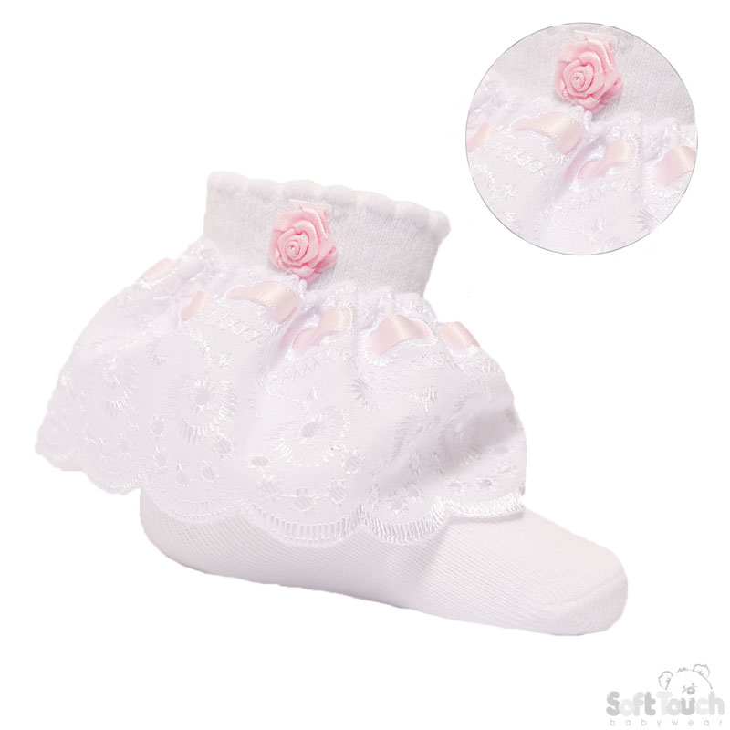 White Ankle Socks W/Pink Lace & Rose S322-P