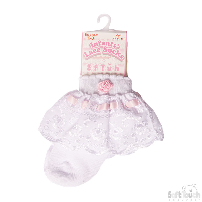 White Ankle Socks W/Pink Lace & Rose S322-P