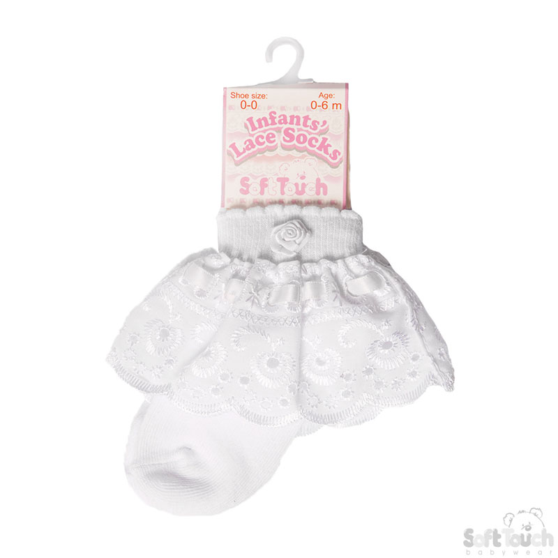 White Ankle Socks W/White Lace & Rose S322-W