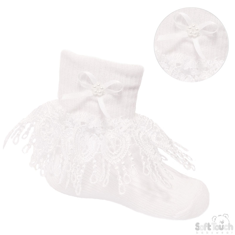 White Deep Lace Ankle Socks W/Bow No. S324-W