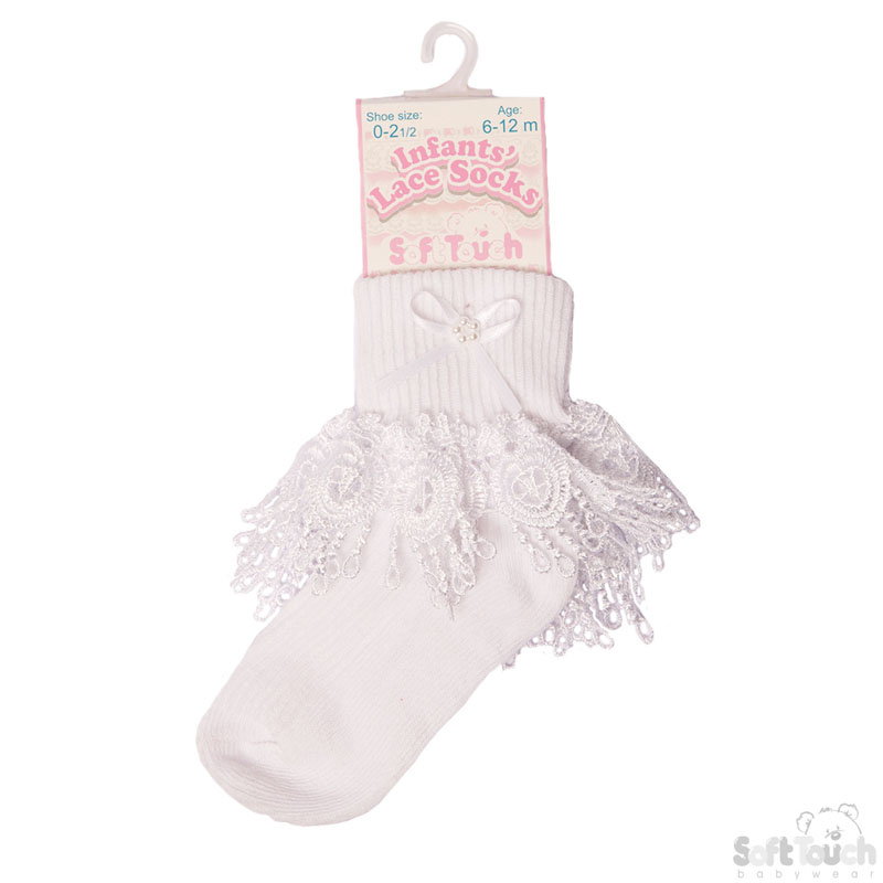 White Deep Lace Ankle Socks W/Bow No. S324-W