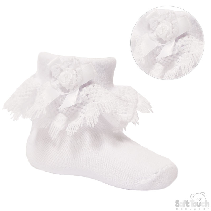 White Lace Ankle Socks W/Bow & Rose No. S326-W