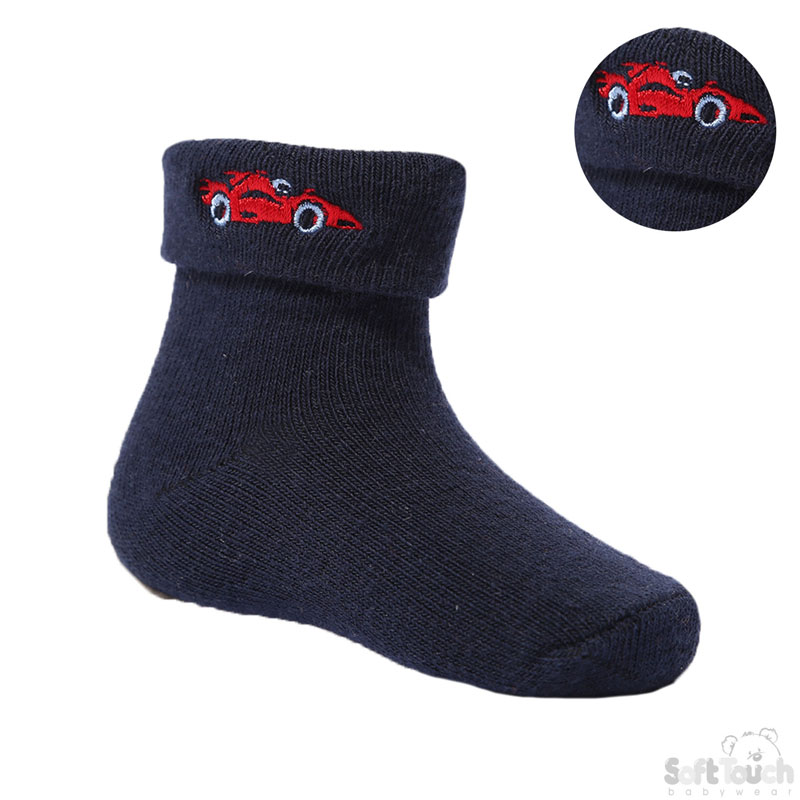 Navy Ankle Socks W/Car Emb No. S328-N