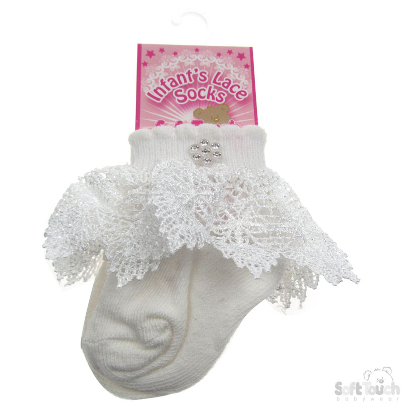 Girls Deep Lace Socks W/Diamonte S33-Cream