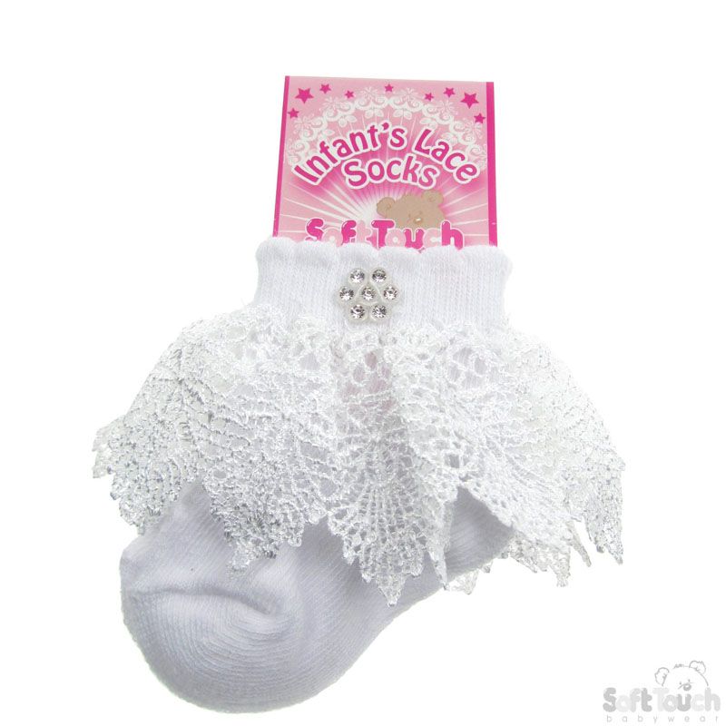 Girls Deep Lace Socks W/Diamonte S33-White