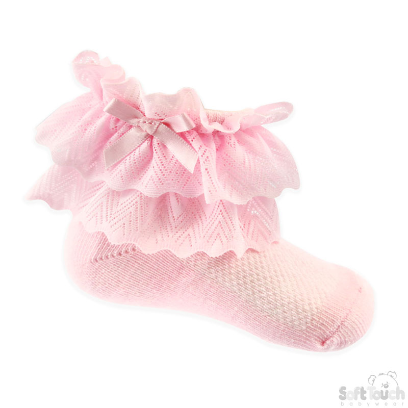 Pink Ankle Socks w/Zig Zag Lace & Bow: S330-P