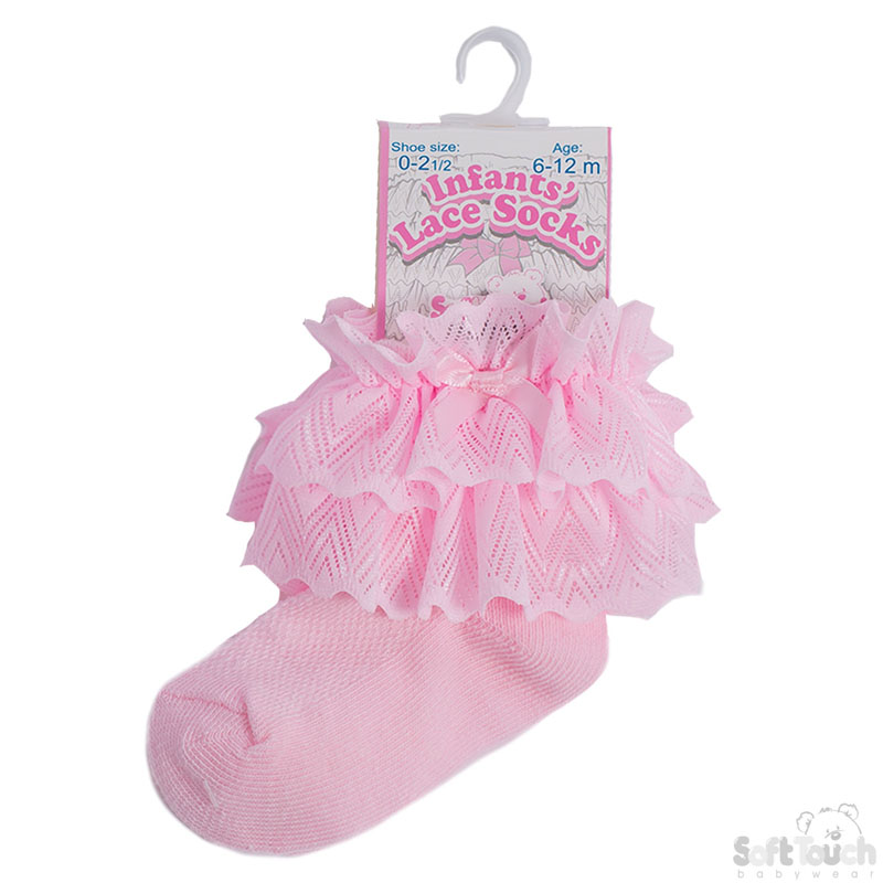 Pink Ankle Socks w/Zig Zag Lace & Bow: S330-P
