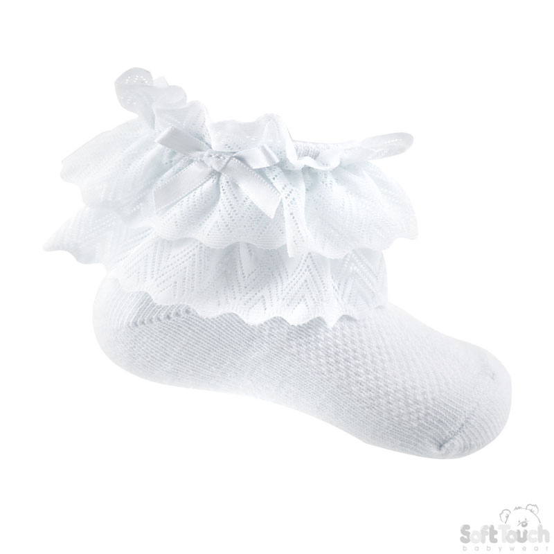 White Ankle Socks w/Zig Zag Lace & Bow: S330-W