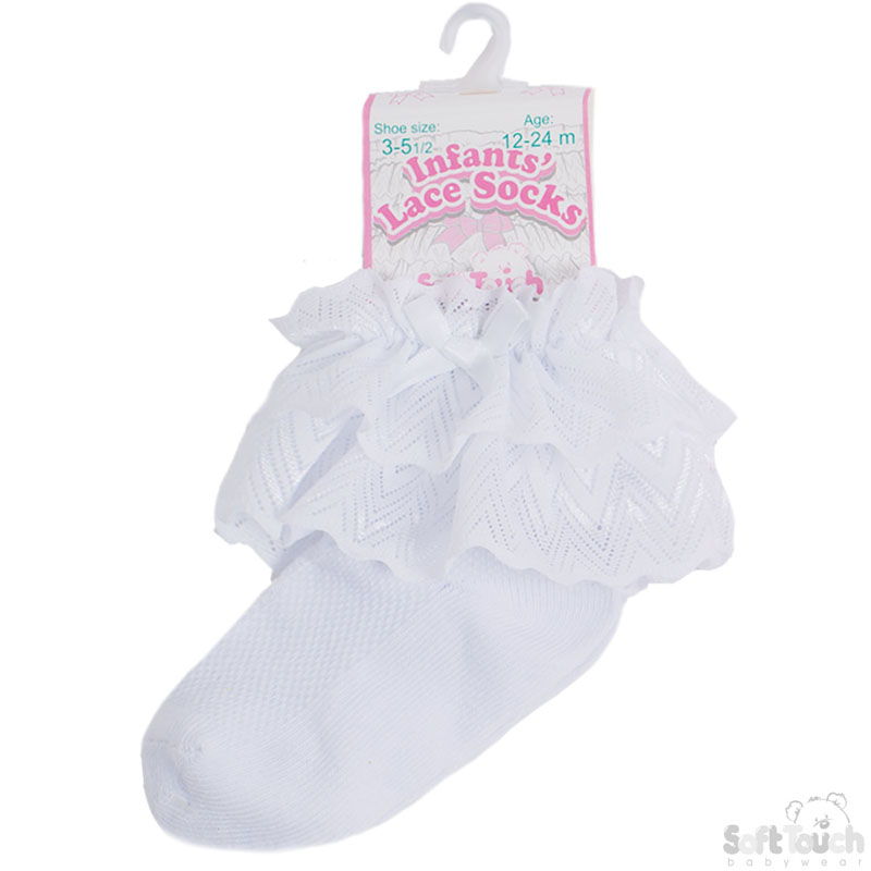 White Ankle Socks w/Zig Zag Lace & Bow: S330-W