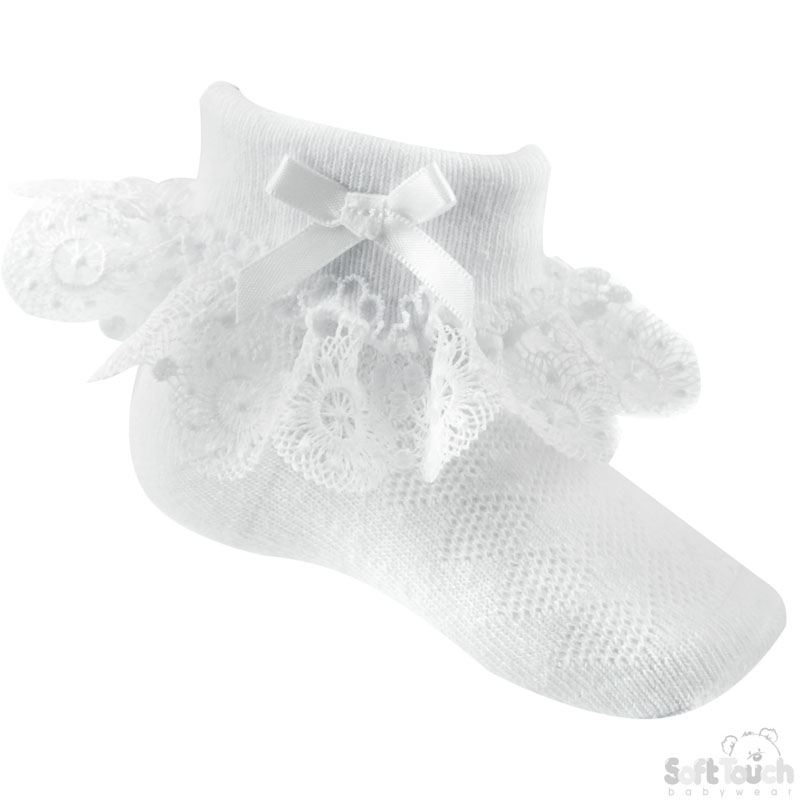 White Ankle Socks w/Flower Lace & Bow: S332