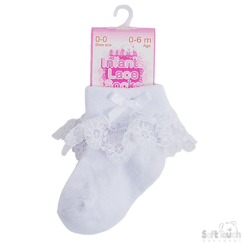 White Ankle Socks w/Flower Lace & Bow: S332