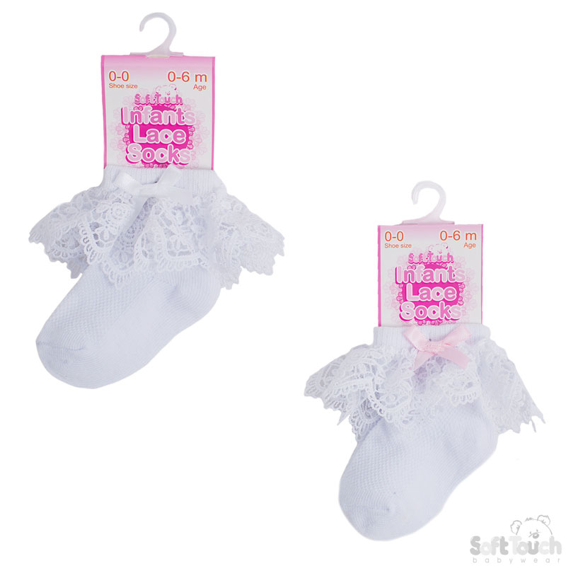 White Ankle Socks w/Rose Lace & White & Pink Bow: S334