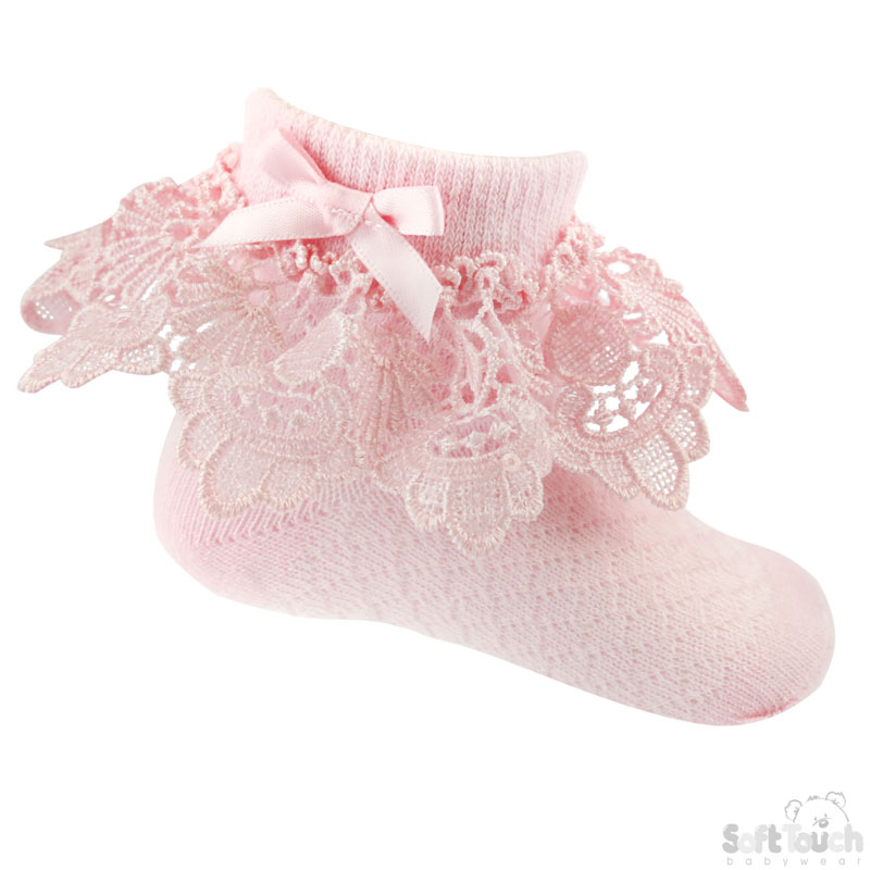 Sequin Deep Lace Pink Ankle Socks w/ Bow: S336-P
