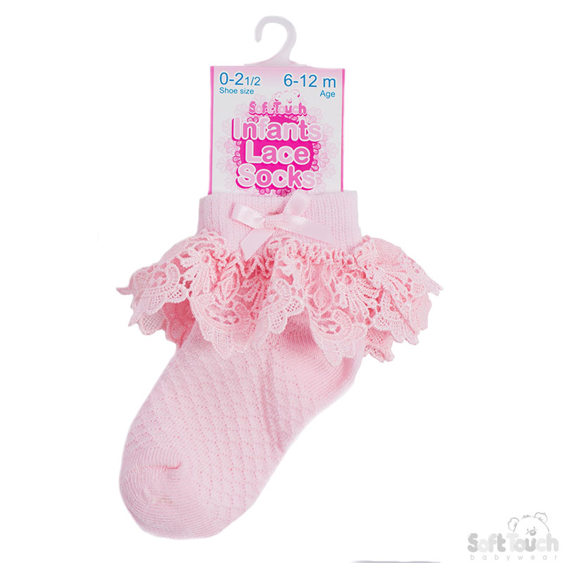 Sequin Deep Lace Pink Ankle Socks w/ Bow: S336-P