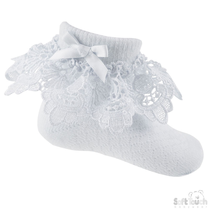 Sequin Deep Lace White Ankle Socks w/Bow: S336-W
