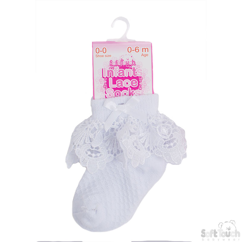 Sequin Deep Lace White Ankle Socks w/Bow: S336-W