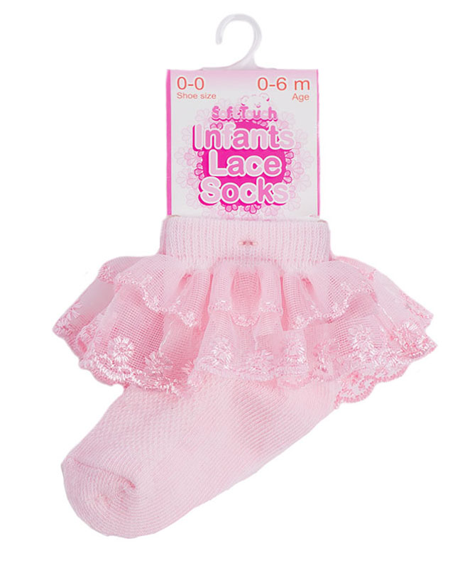 Pink Ankle Socks w/Organza Lace: S338-P