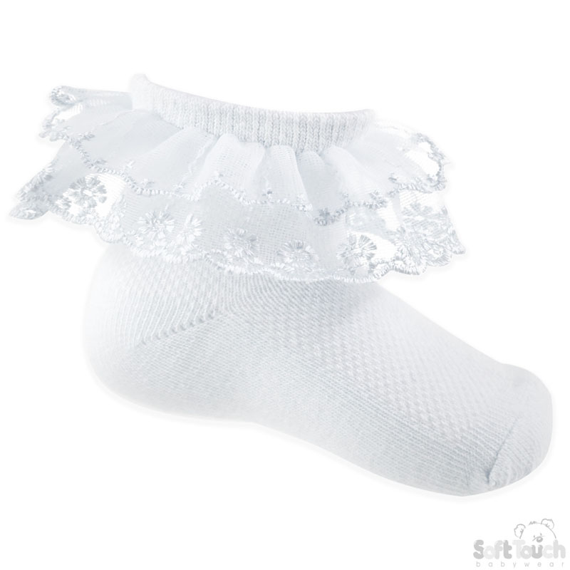White Ankle Socks w/Organza Lace: S338-W