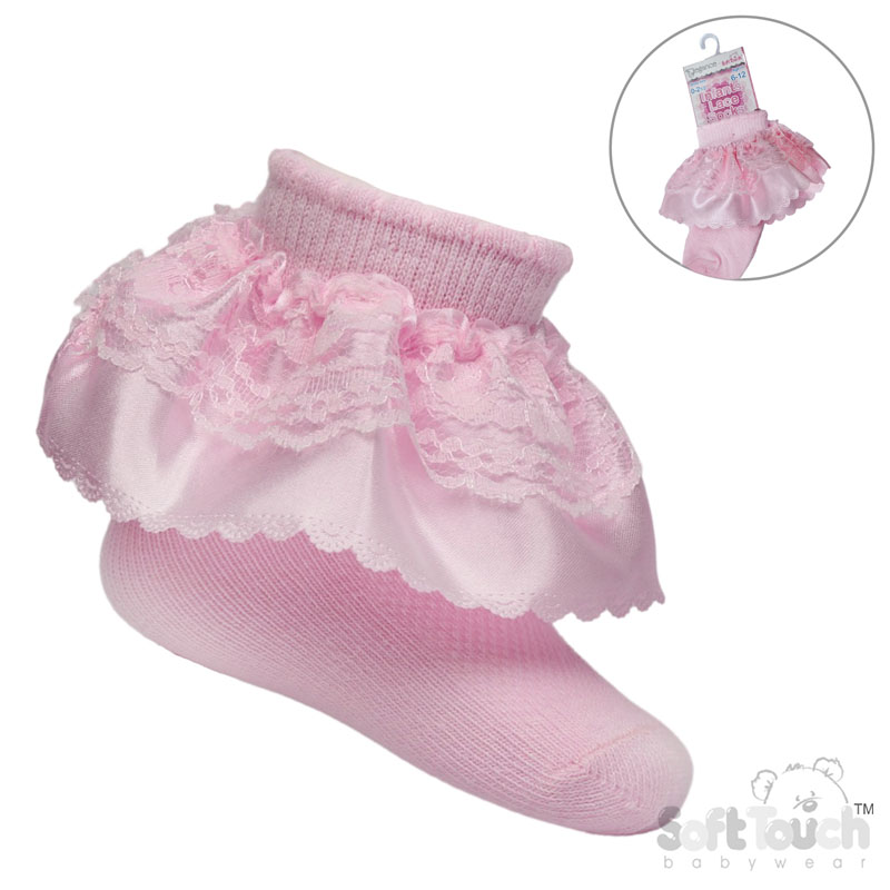 Pink Ankle Socks w/Organza Lace : S340-P