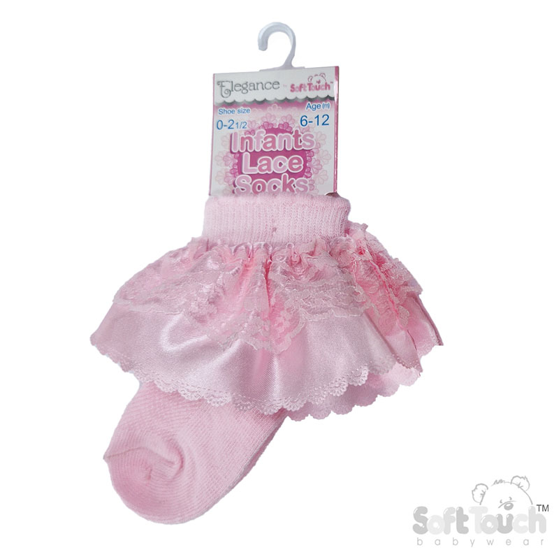 Pink Ankle Socks w/Organza Lace : S340-P
