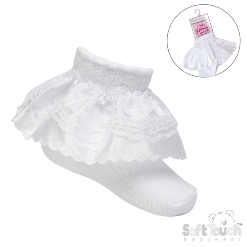 White Ankle Socks w/Organza Lace : S340-W