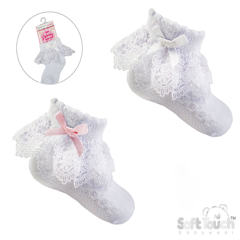 White Ankle Socks w/Rose Lace & White or Pink Bow : S342