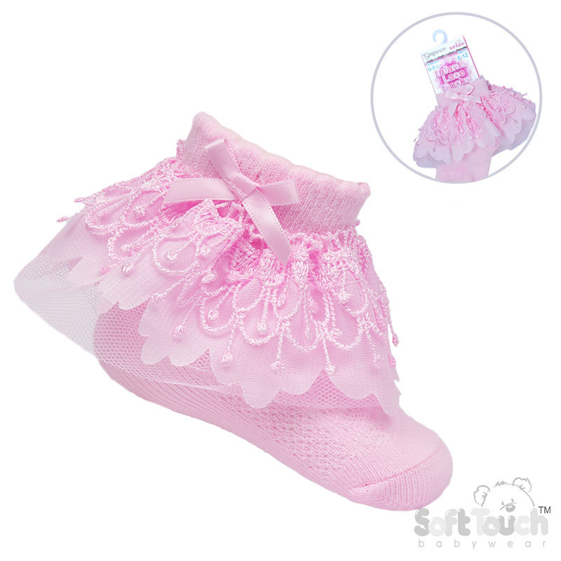 Pink Ankle Socks w/Bell Lace & Bow : S344-P