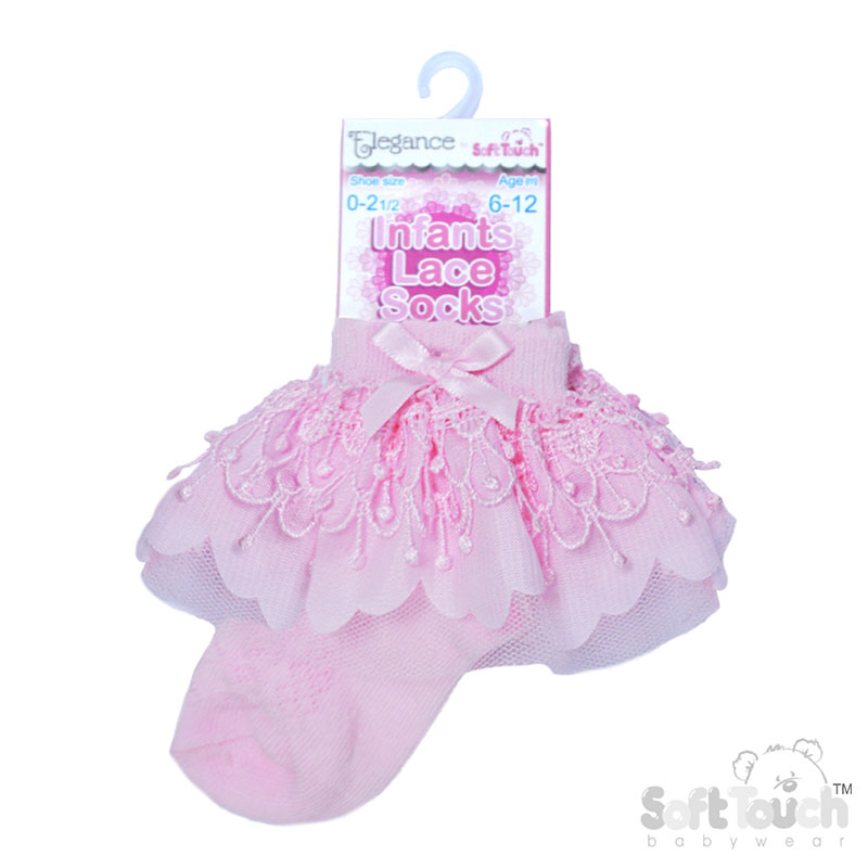 Pink Ankle Socks w/Bell Lace & Bow : S344-P