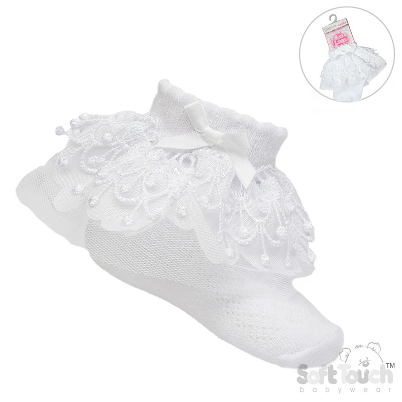 White Ankle Socks w/Bell Lace & Bow : S344-W