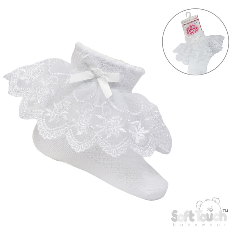 White Ankle Socks w/White Floral Lace & Bow : S346-W