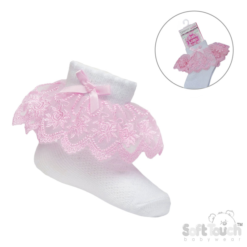 White Ankle Socks w/Pink Floral Lace & Bow : S346-WP