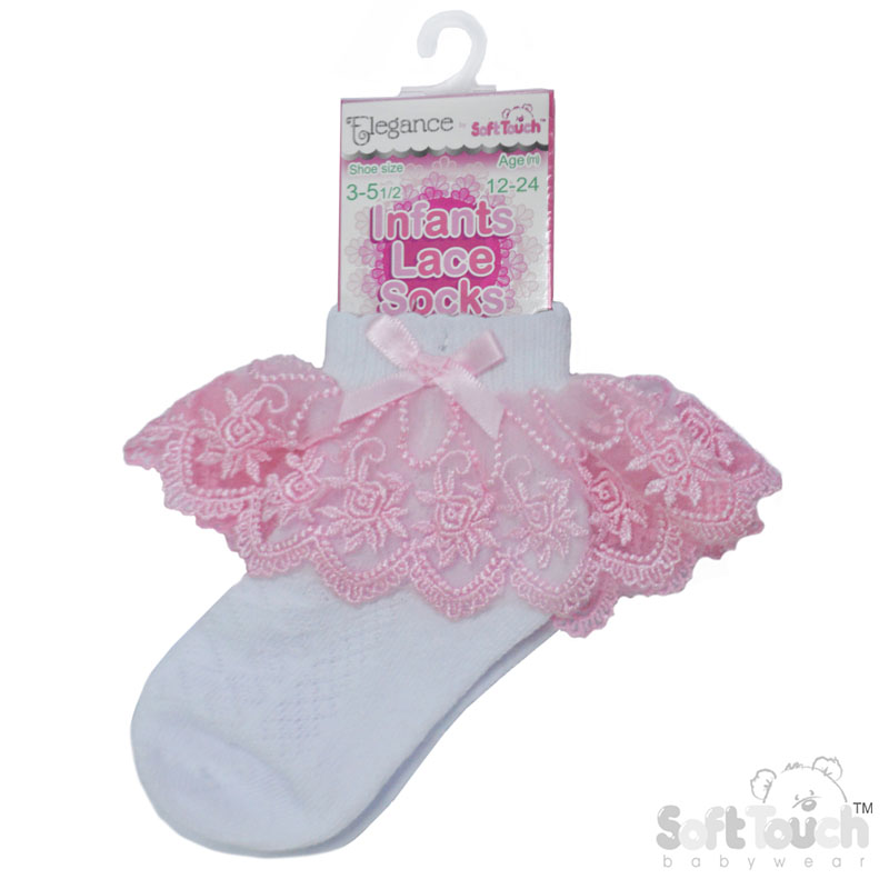 White Ankle Socks w/Pink Floral Lace & Bow : S346-WP