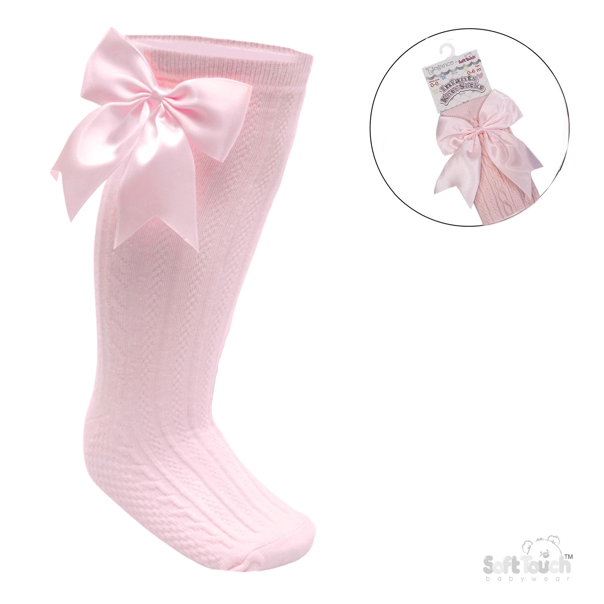 Baby Pink 'Elegance' Knee Length Socks w/Satin Bow : S350-BP-0-6
