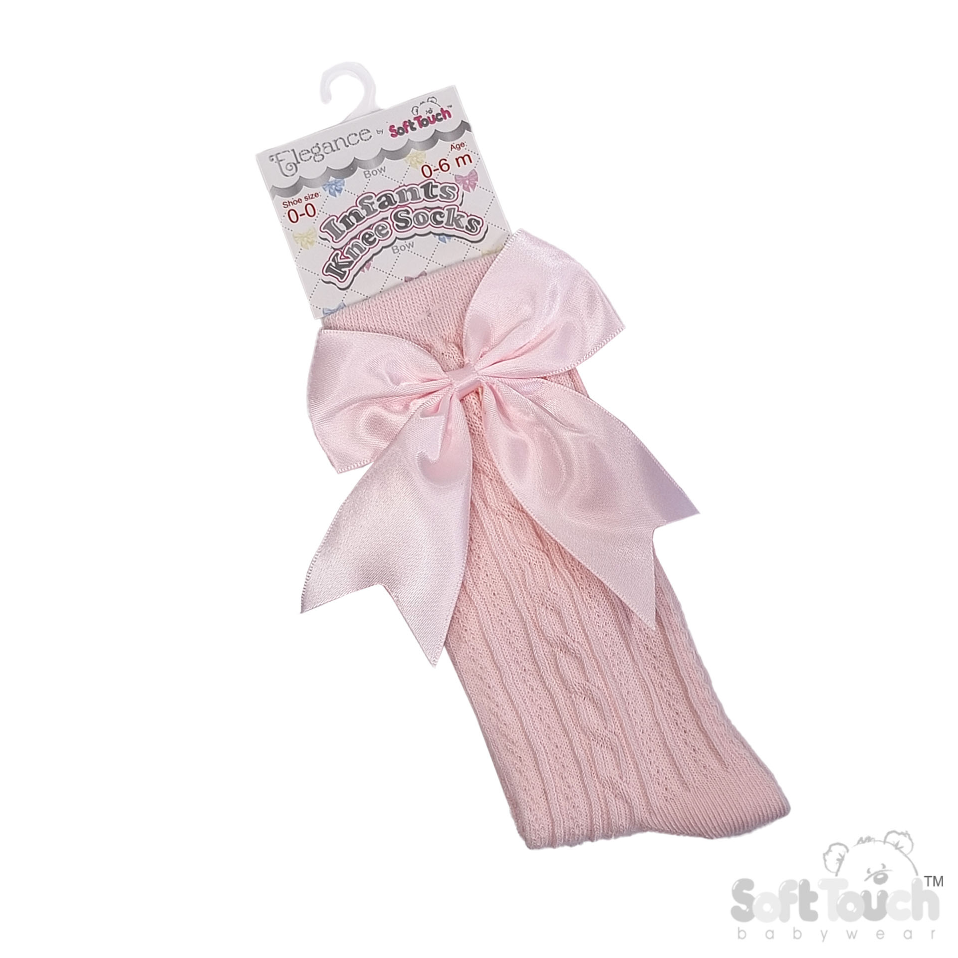 Baby Pink 'Elegance' Knee Length Socks w/Satin Bow : S350-BP-0-6