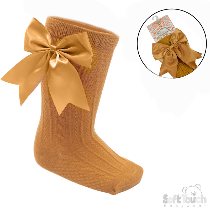 Mustard 'Elegance' Knee Length Socks w/Satin Bow : S350-M