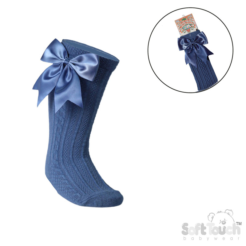 Steel Blue 'Elegance' Knee Length Socks w/Satin Bow : S350-SB