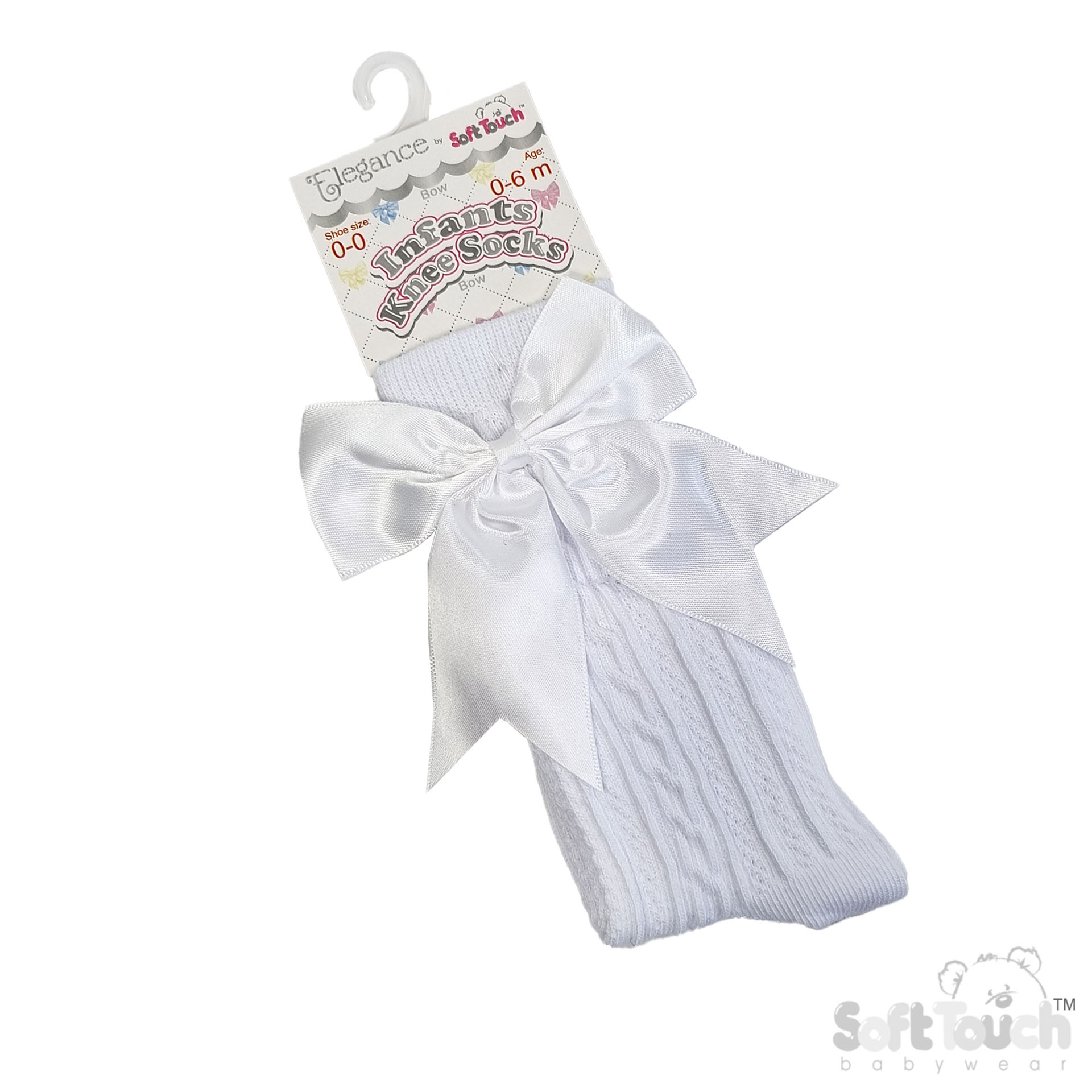 White 'Elegance' Knee Length Socks w/Satin Bow : S350-W -0-6