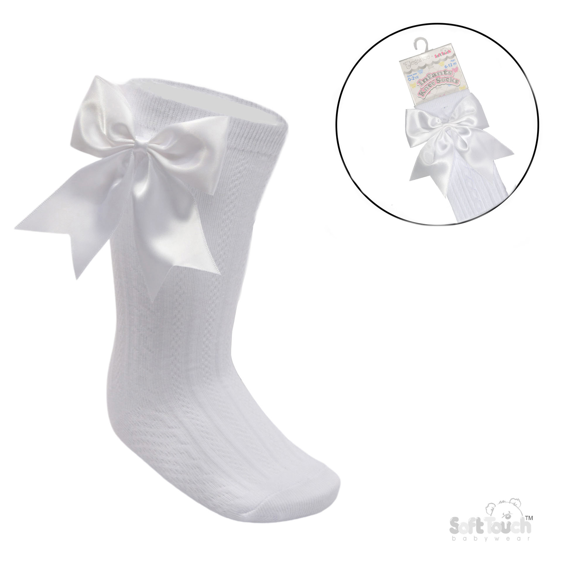White 'Elegance' Knee Length Socks w/Satin Bow : S350-W
