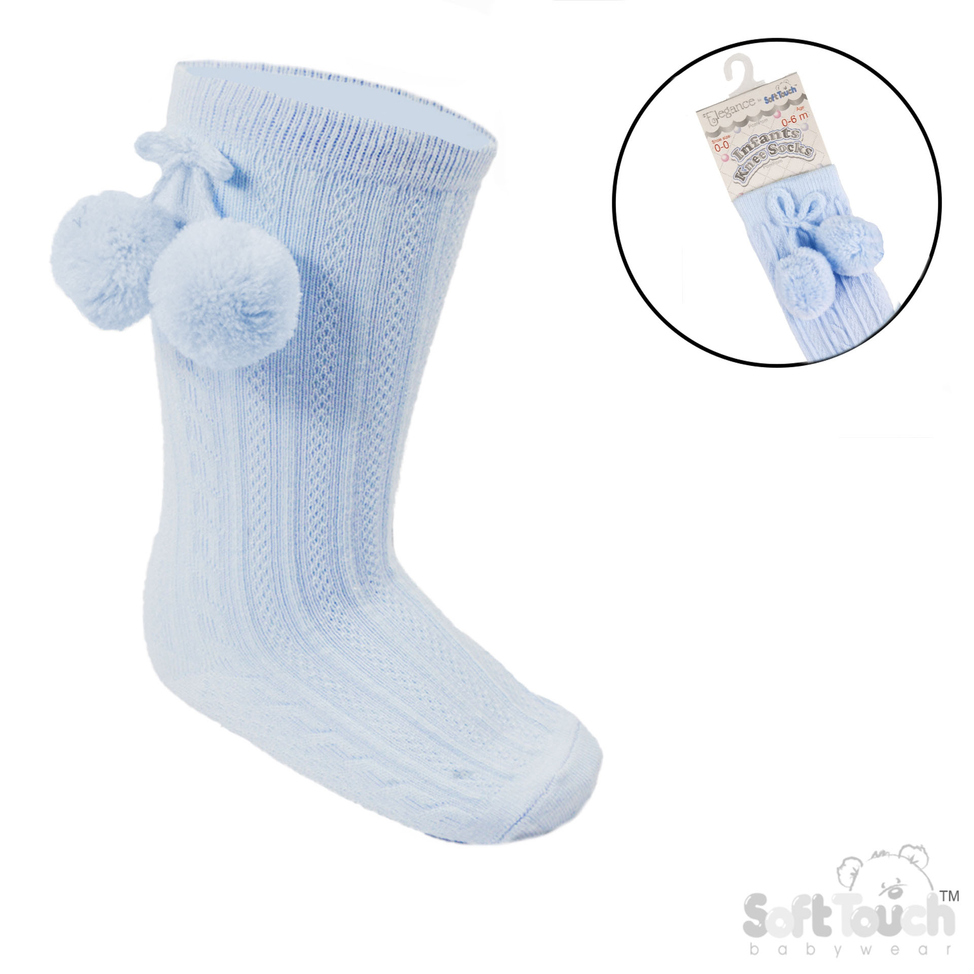 Blue 'Elegance' Knee Length Socks w/Pom Pom : S355-B-06