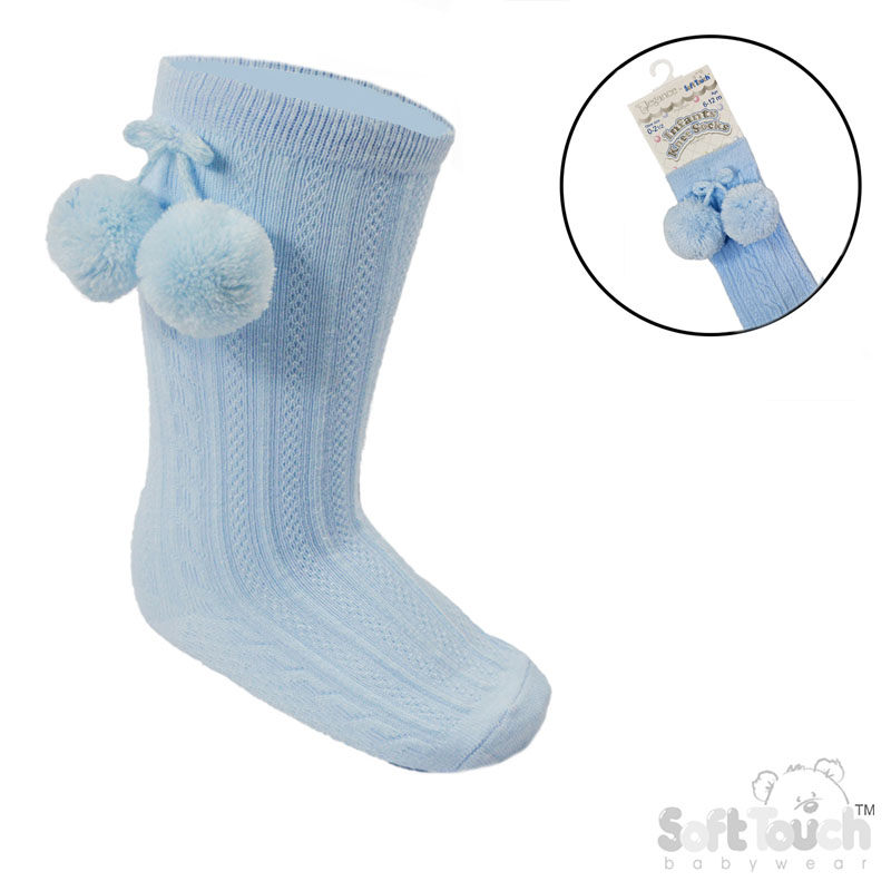 Blue 'Elegance' Knee Length Socks w/Pom Pom : S355-B
