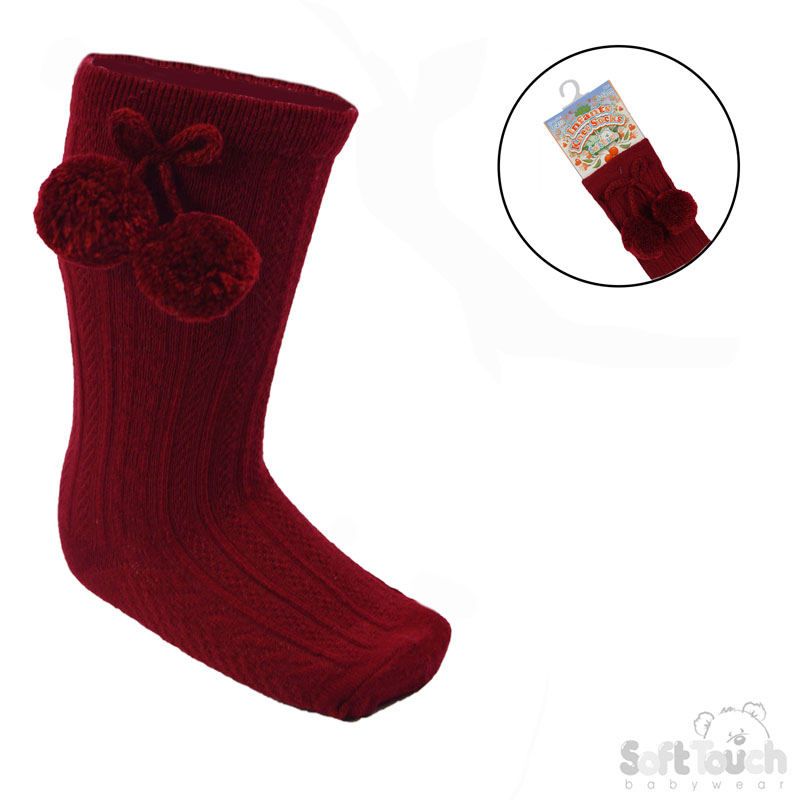 Burgundy 'Elegance' Knee Length Socks w/Pom Pom : S355-BU